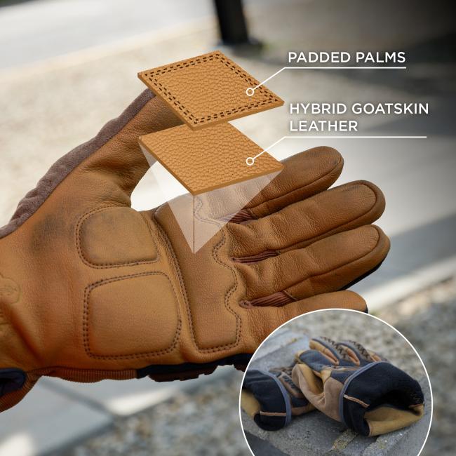 Close-up of a brown leather work glove with layered material samples: two tan leather squares above a dark textured cut-resistant layer.
