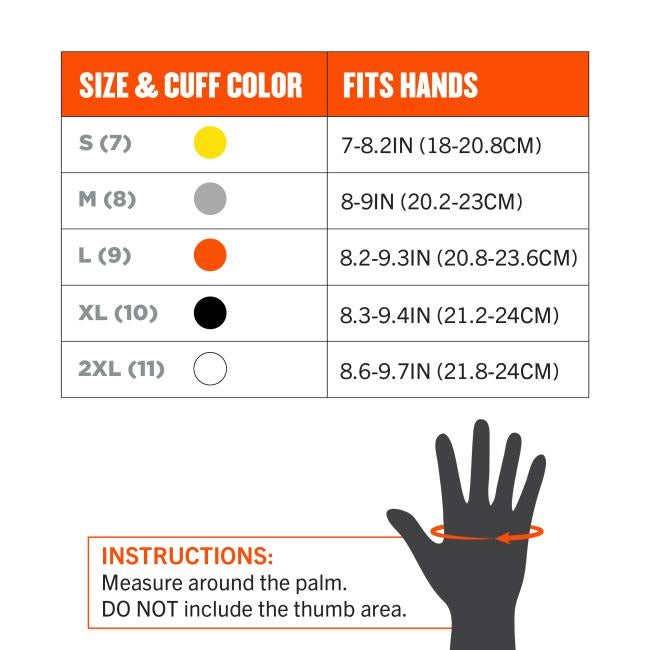 Size chart listing S-2XL with colored cuff dots and inch/cm hand measurements, plus dark hand silhouette and orange arrow showing palm measurement