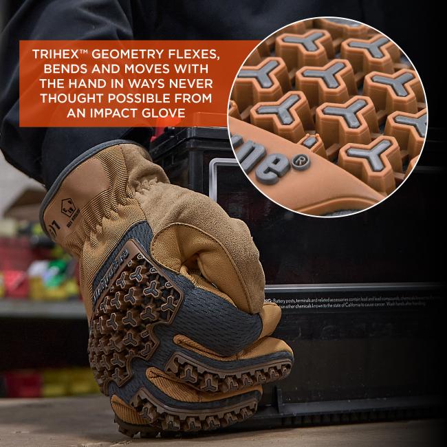 Tight close-up of a tan work glove showing raised brown rubber impact pads with repeating three‑pronged geometric shapes and a circular magnified inset