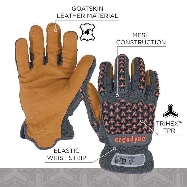 Left tan leather glove palm; right gray mesh glove back with black rubber pads and orange accents, elastic wrist strip visible.
