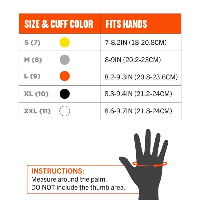 Size chart S–2XL with colored cuff dots and fit inches; hand silhouette with orange arrow showing palm measurement and instruction box
