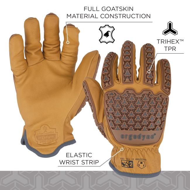 Close-up of tan leather work gloves showing the palm of one and the back of the other with brown textured rubber padding and elastic wrist strip