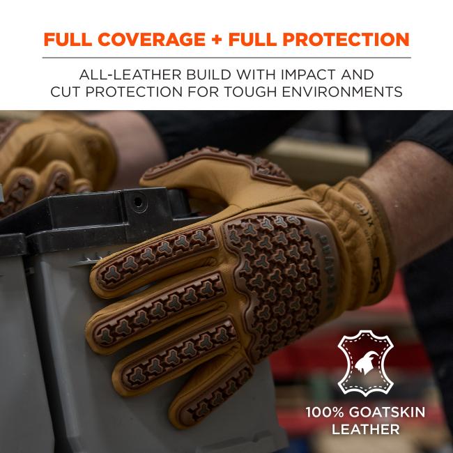Close-up of tan leather work gloves with raised patterned knuckle pads on a gray plastic bin under bold header "FULL COVERAGE + FULL PROTECTION"