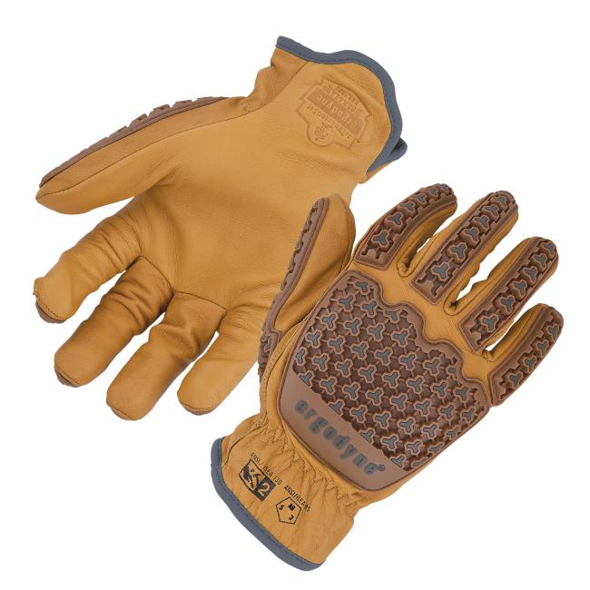 Tan leather work gloves with molded brown rubber patterned pads on fingers and palm, and gray trim at the cuffs.