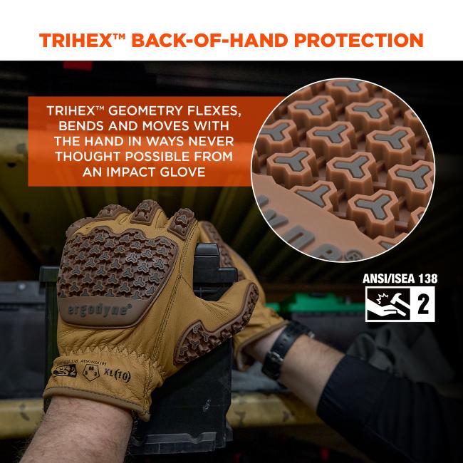 Tan leather work glove with raised brown geometric impact pads on back of hand, circular close-up of pad pattern