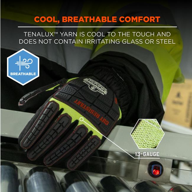 Cool breathable comfort: 13-gauge tenalux yarn is cool to the touch and does not contain irritating glass or steel