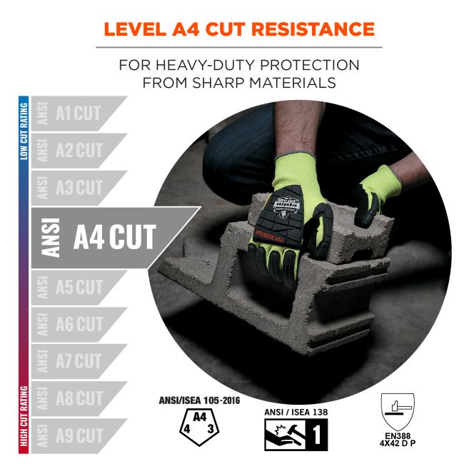 Level A4 cut resistance: for heavy-duty protection from sharp materials. Compliant to ansi/isea 105-2016, ansi/isea 138 and en388 4X42 D P standards.