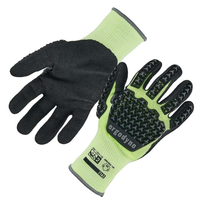 Two lime-green knit gloves with black textured palms, elastic cuffs, and raised black rubber grip patterns on the back and fingers