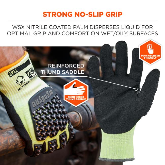 Two work gloves: one showing black coated palm, the other yellow knit back with raised black textured grip pads and an orange touchscreen badge.