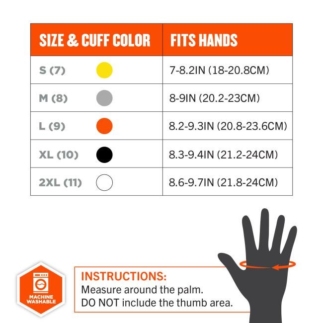Glove size chart table showing sizes S–2XL with colored cuff dots and hand fit inches, plus hand silhouette with orange wrist measurement arrow.