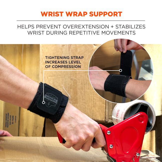 Wrist wrap support: helps prevent overextension and stabilizes wrist during repetitive movements. Tightening strap increases level of compression