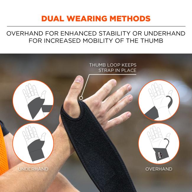 Dual wearing methods: overhand for enhanced stability or underhand for increased mobility of the thumb. Thumb loop keeps strap in place. Can be worn underhand or overhand