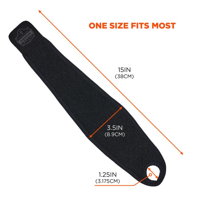 One size fits most. 3.5 inches wide (8.9cm) and 15 inches in length (38cm). Thumb hole diameter of 1.25 inches or 3.175cm