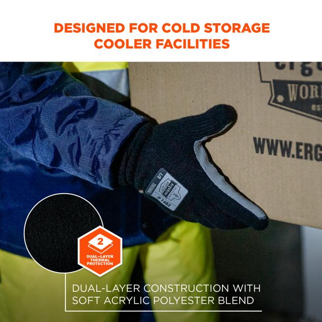 These gloves are designed for use in cold storage cooler facilities, providing protection and warmth. The dual-layer construction features a soft acrylic polyester blend for added insulation.