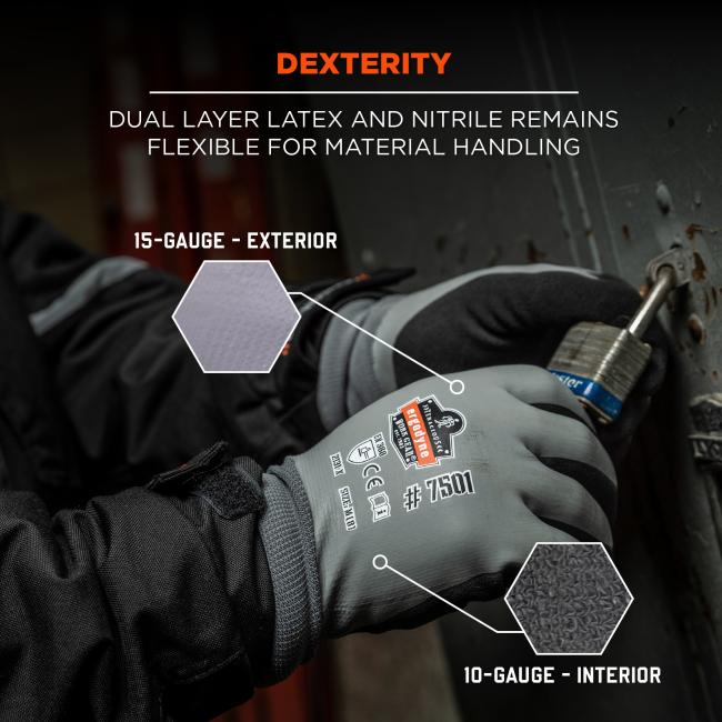 Dexterity: dual layer latex and nitrile remains flexible for material handling. 15-gauge exterior and 10-gauge interior.