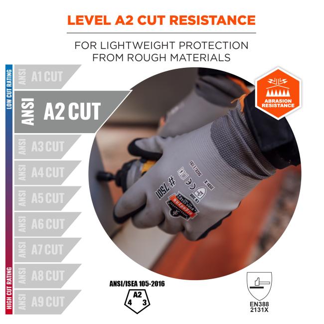 Level A2 Cut Resistance: For lightweight protection from rough materials. Gloves are abrasion resistant and compliant to ANSI/ISEA 105 and EN388 2131X safety standards.