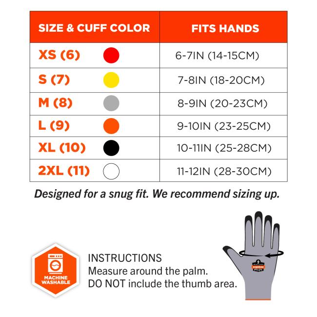 Glove size chart listing XS-2XL with colored cuff dots and measurements, machine washable hex icon, and a gray glove illustration with orange cuff.