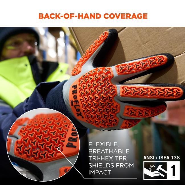 The gloves provide back-of-hand coverage with flexible, breathable Tri-Hex TPR shields designed to protect from impact. They meet ANSI / ISEA 138 level 1 standards.