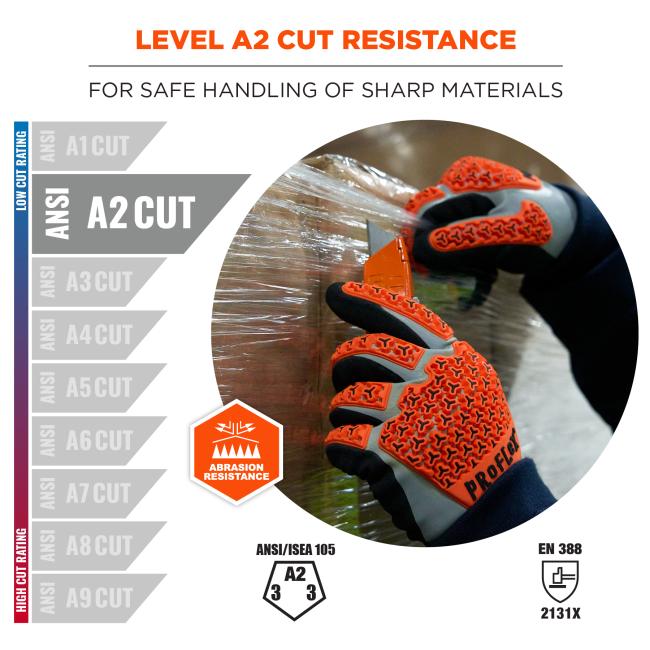 These gloves feature level A2 cut resistance for safe handling of sharp materials. They offer abrasion resistance and are rated ANSI/ISEA 105 A2 with a rating of 3 for both cut and abrasion resistance. The EN 388 score is 2131X.