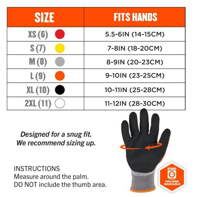 Size chart: Extra Small (XS/6) fits hands 5.5-6IN (14-15CM), Small (S/7) fits 7-8IN (18-20CM), Medium (M/8) fits 8-9IN (20-23CM), Large (L/9) fits 9-10IN (23-25CM), Extra Large (XL/10) fits 10-11IN (25-28CM), and 2X Large (2XL/11) fits 11-12IN (28-30CM). It is designed for a snug fit, and sizing up is recommended. Measure around the palm without including the thumb area. The gloves are machine washable.