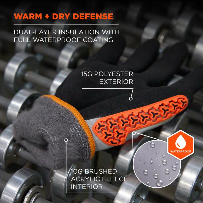 The gloves provide warm and dry defense through dual-layer insulation with a full waterproof coating. They feature a 15G polyester exterior and a 10G brushed acrylic fleece interior.