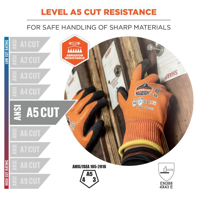 Level A5 cut resistance: for safe handling of sharp materials. Abrasion resistance. Meets ansi/isea 105-2016 and EN 388 4X43 E standard compliance.