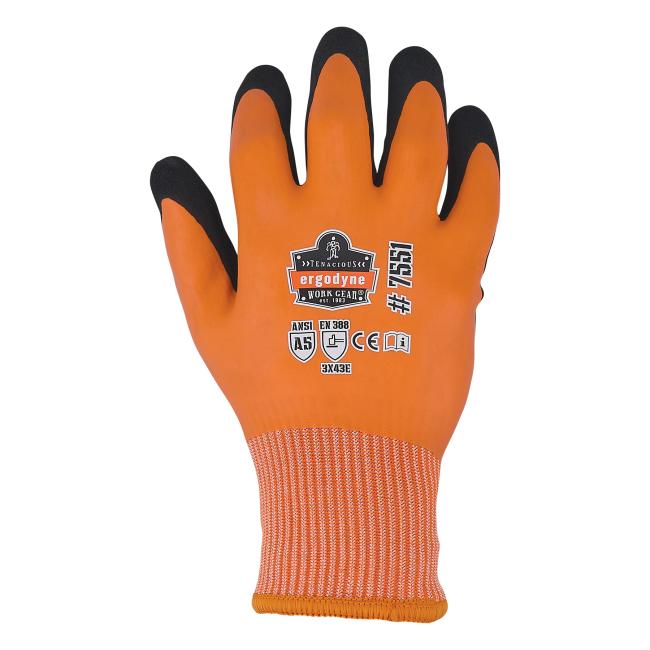 back of orange coated winter work glove