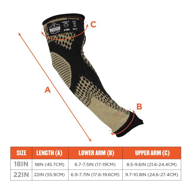 Sizes: 18IN: Length (A) 18IN (45.7CM), Lower Arm (B) 6.7-7.5IN (17-19CM), Upper Arm (C) 8.5-9.6IN (21.6-24.4CM). 22IN: Length (A) 22IN (55.9CM), Lower Arm (B) 6.9-7.7IN (17.6-19.6CM), Upper Arm (C) 9.7-10.8IN (24.6-27.4CM).