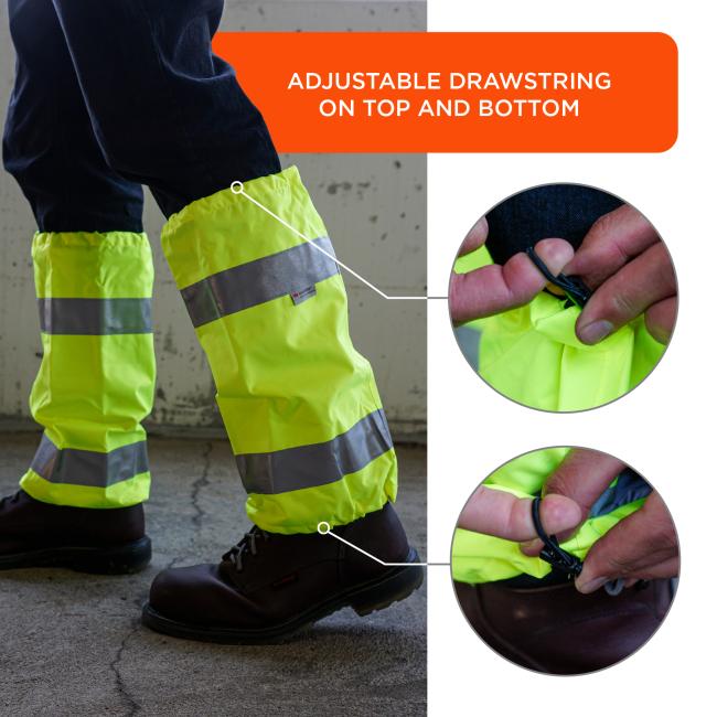 Adjustable Drawstring: The hi-vis leg gaiters feature an adjustable drawstring on both the top and bottom, allowing users to cinch for a secure and custom fit. Close-up imagery shows the drawstring mechanism in both tightened and loosened states for clarity.