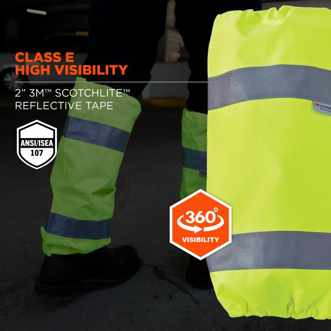 Class E High Visibility: Designed to meet ANSI/ISEA 107 compliance, these gaiters qualify as Class E high-visibility gear. Each leg features 2” 3M™ Scotchlite™ reflective tape for 360° reflectivity, enhancing visibility in low-light conditions.