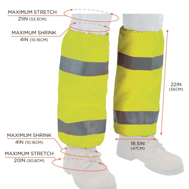 Product Dimensions: The gaiters measure 22IN (56CM) in length. The top opening expands to 21IN (53.3CM) and contracts to 4IN (10.16CM), while the bottom opening stretches to 20IN (50.8CM) and also tightens down to 4IN (10.16CM). Average circumference is 18.5IN (47CM).