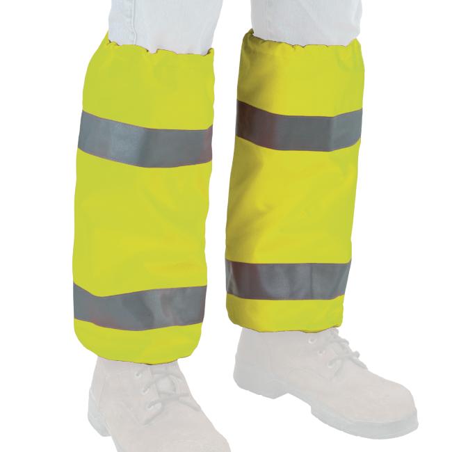 Lime hi vis leg gaiters worn on legs that are shaded out