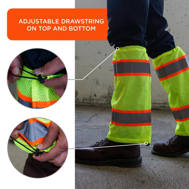 Adjustable Drawstring: Featuring adjustable drawstrings at both the top and bottom, these gaiters can be easily tightened or loosened for personalized comfort. Close-up images highlight the cinch-and-lock mechanism that holds securely in place during movement.