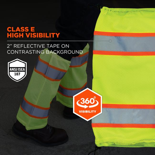 High Visibility: Designed for maximum visibility, these gaiters meet ANSI/ISEA 107 Class E standards. They feature 2” reflective tape over a contrasting orange background, delivering 360° visibility for safer work in low-light environments.