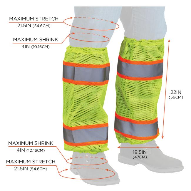 Dimensions: These mesh gaiters measure 22IN (56CM) in length, with top and bottom openings that stretch up to 21.5IN (54.6CM) and shrink down to 4IN (10.16CM). The average circumference at the bottom is 18.5IN (47CM), providing flexible sizing for a secure fit over work boots and pants.