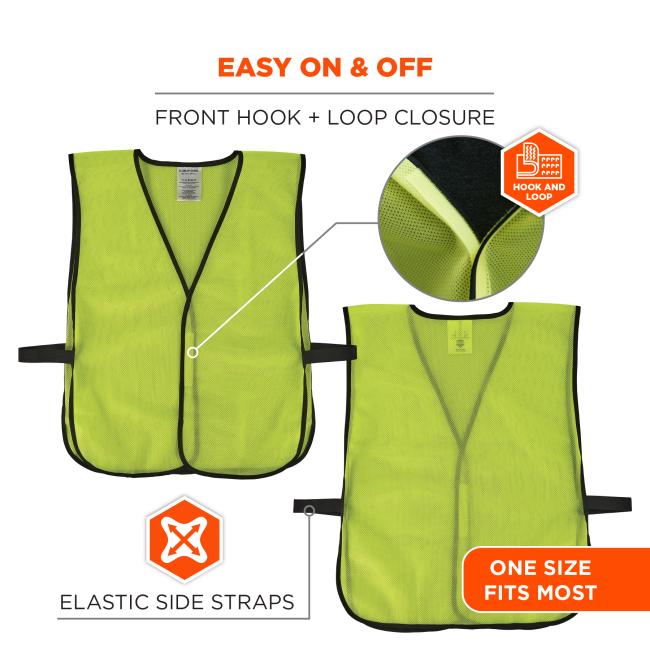 Neon yellow mesh safety vest with black trim shown front and back, close-up of hook-and-loop closure and elastic side straps