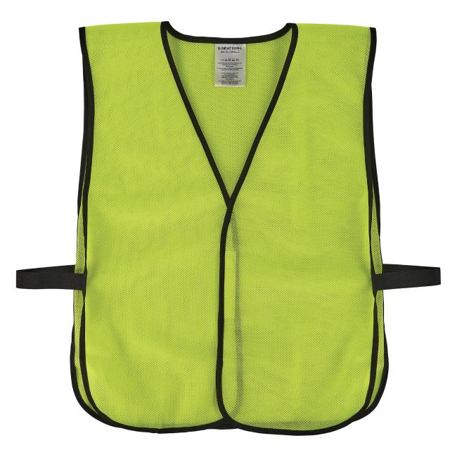 Neon yellow-green mesh safety vest front with black trim, V-neck and black side straps