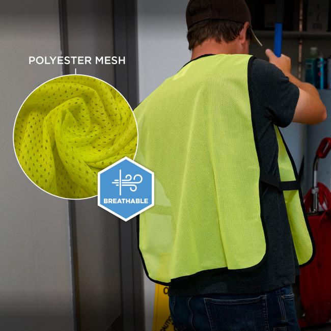 Rear view of a person wearing a neon yellow mesh safety vest with black trim; inset circular close-up of the yellow mesh fabric and a blue "BREATHABLE" badge.