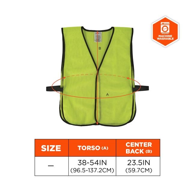 Lime green mesh safety vest with black trim and side straps, measurement arrows and labels on front, and an orange machine-washable icon
