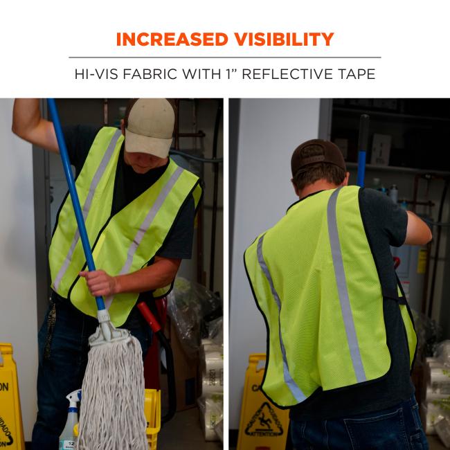 Split image of a person in a neon yellow reflective safety vest mopping; mop, mop bucket and wet floor caution sign visible