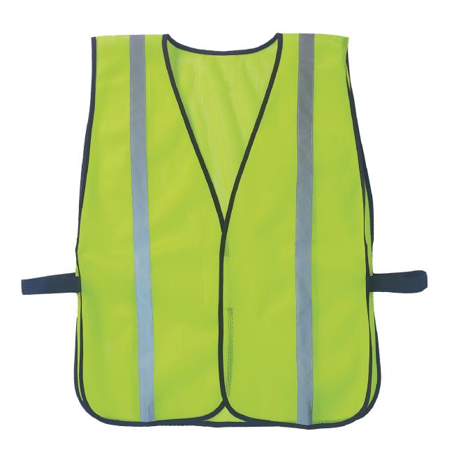 Front view of neon yellow safety vest with two vertical reflective silver stripes and dark trim, adjustable side straps.
