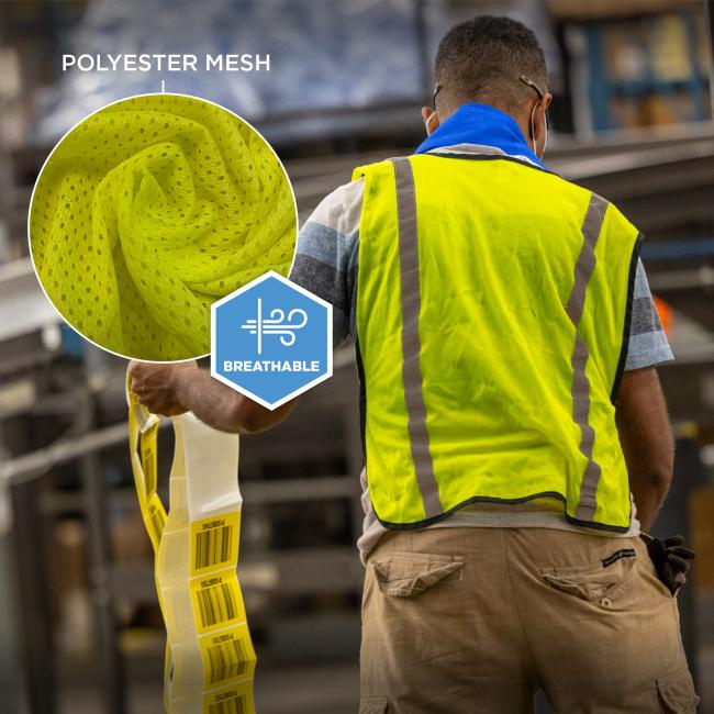 Back view of person in neon yellow reflective vest holding yellow barcode labels, inset close-up of yellow mesh fabric and a blue breathable badge