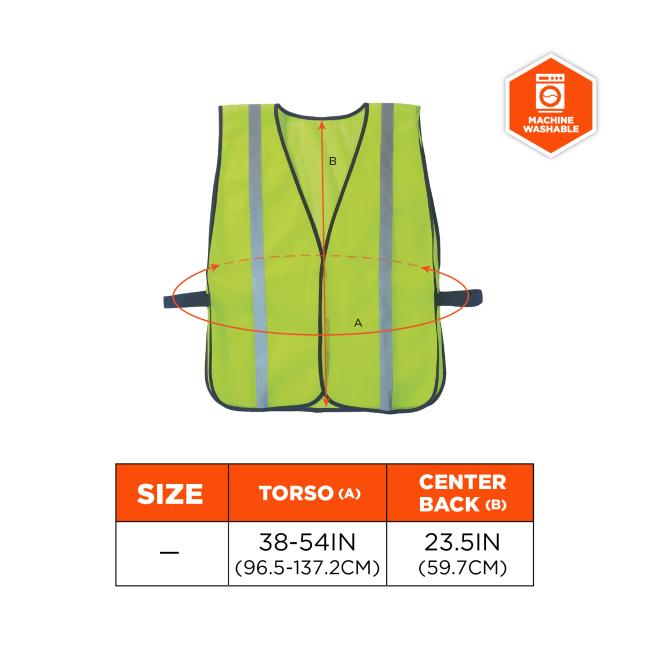 Front-view neon yellow safety vest with black trim, two silver reflective vertical stripes, side adjustment straps, red measurement arrows and machine-wash icon.