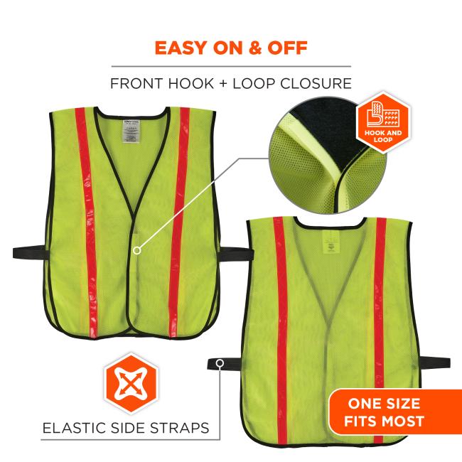 Neon yellow mesh safety vest with black trim, two vertical red reflective stripes, elastic side straps and front hook-and-loop closure.