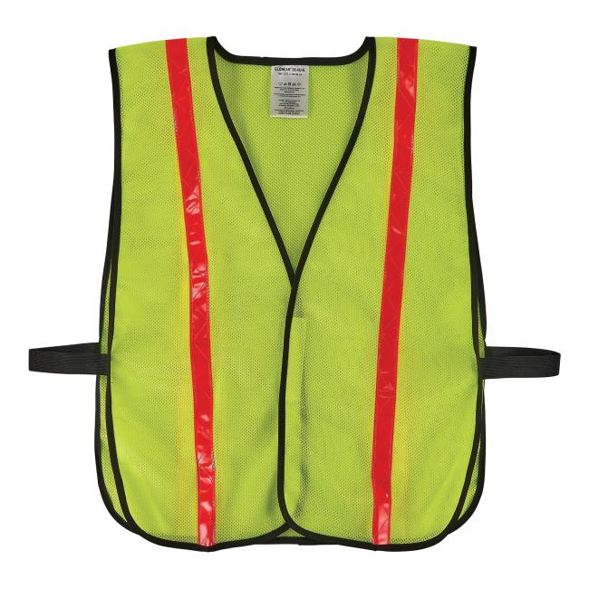 High-visibility yellow mesh vest with black trim, two red vertical reflective stripes and black side straps.