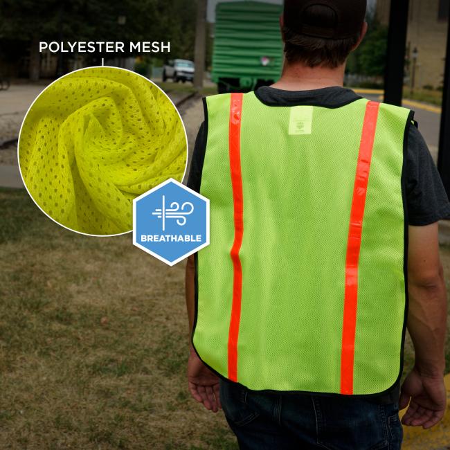 Back view of person wearing neon yellow-green mesh safety vest with two vertical orange reflective stripes; inset close-up of yellow mesh fabric and breathable icon