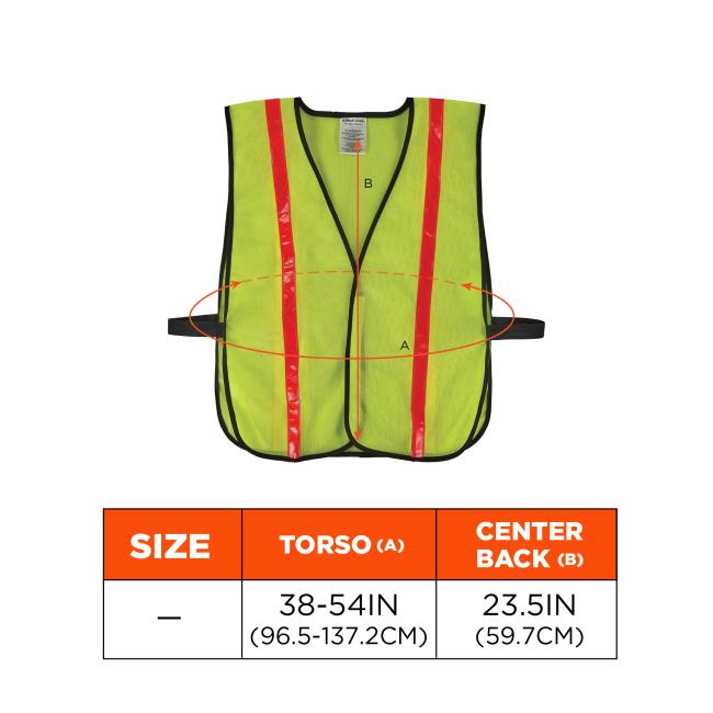 High-visibility fluorescent yellow mesh vest with two vertical red reflective stripes, black trim and side straps, orange arrows and labels.