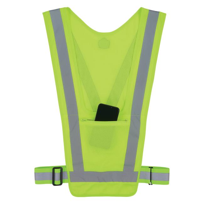 Front of lime x-back hi-vis safety vest with phone in pocket