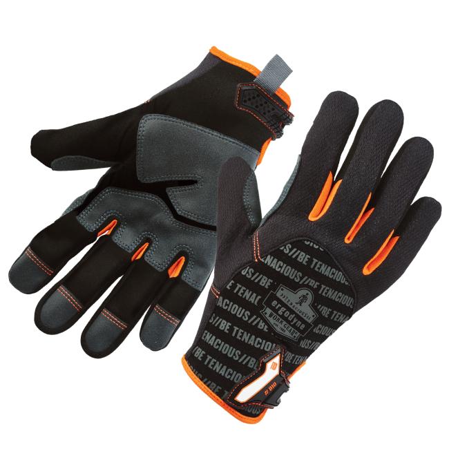 Black work gloves with gray padded palm patches, orange trim and finger accents, printed grip text on the palm.