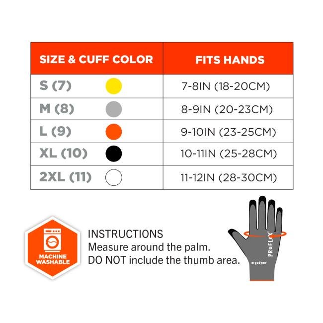 Size and cuff color chart for gloves showing sizes S–2XL with colored cuff dots and hand circumference ranges (in/cm), plus machine-washable icon and glove diagram.